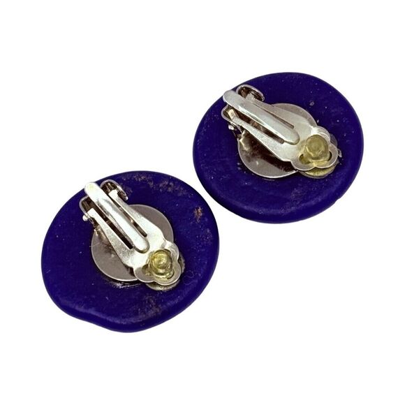 Vintage Cobalt Blue Cabochon Clip In Earrings 1" Ceramic - Picture 9 of 12